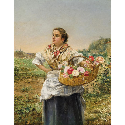 Joaquín Agrasot. Valenciana recogiendo rosas