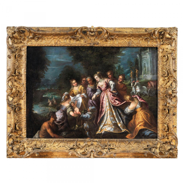 ANDREA MICHIELI, llamado ANDREA VICENTINO (Vicenza, 1542 – Venecia, 1617) "El hallazgo de Moisés". Óleo sobre lienzo. 