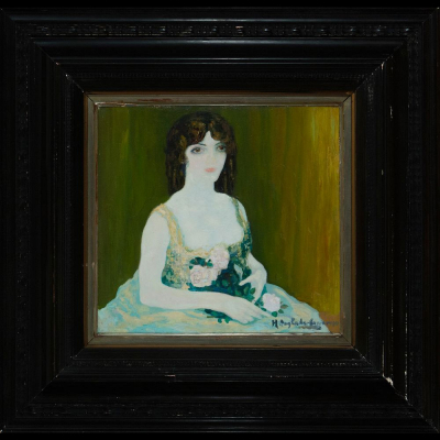 Hermenigildo Anglada-Camarasa (Barcelona, 1871 - Pollença, 1959) - Sola en el palco.    Óleo sobre tabla.