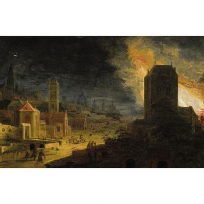 Daniel Van Heil.    &quot;Incendio Nocturno&quot;. Óleo sobre lienzo. Reentelado.