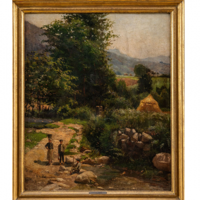 &quot;Paisaje con aldeanos&quot; Garay RAMÓN DE ZUBIAURRE (Garay, 1882 - Madrid, 1969)