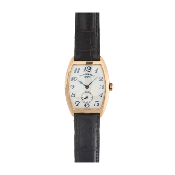 Reloj Franck Muller «Casablanca Tonneau» Master of Complications Nº 315 de pulsera para señora, c.1997. Caja curvex en oro rosa y correa de piel.