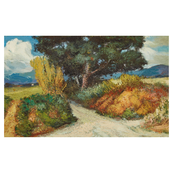 Miquel Vill&agrave; Bassols (Barcelona, 1901-1988) Paisaje con camino. &Oacute;leo sobre cart&oacute;n. Firmado.