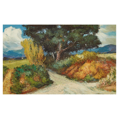 Miquel Vill&agrave; Bassols (Barcelona, 1901-1988) Paisaje con camino. &Oacute;leo sobre cart&oacute;n. Firmado.