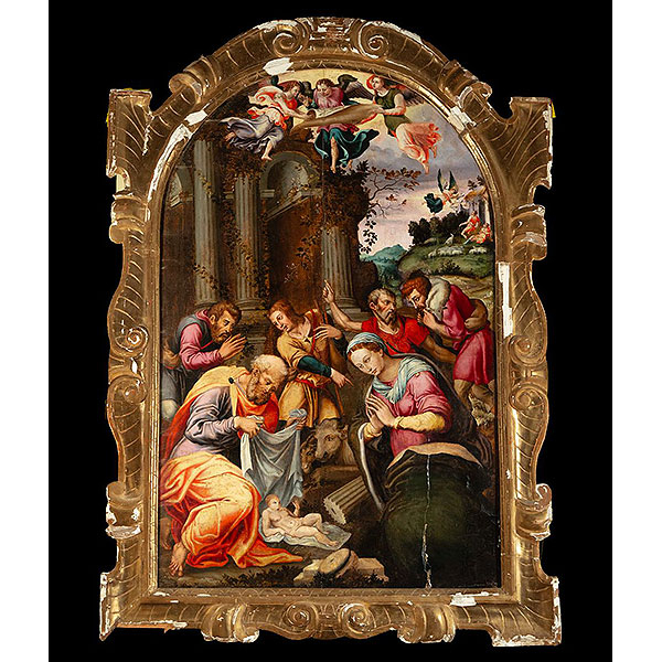 Monumental y exquisita Adoración de Pastores - Escuela ítalo flamenca del siglo XVI.