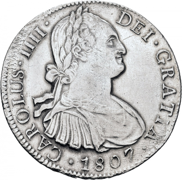 Moneda 1807 Carlos-IV Mexico TH 8 reales M.B.C.-