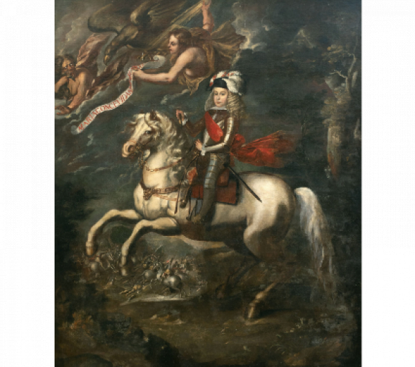 SEBASTIÁN HERRERA BARNUEVO Y TALLER (Madrid, 1619-1671)  Retrato de Carlos II a caballo.  h. 1668-1669.   Óleo sobre lienzo.