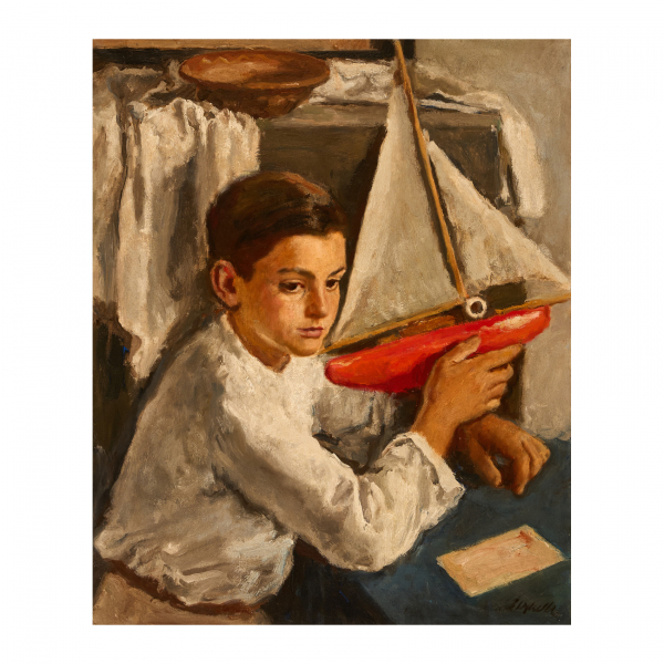 Alfred Sisquella i Oriol (Barcelona, 1900-Sitges, 1964) Niño con velero. Óleo sobre tela. Firmado.