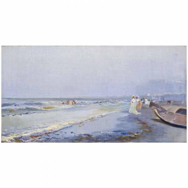 Navarro Llorens. "Escena de playa valenciana". Óleo sobre lienzo. Firmado en el ángulo inferior derecho.