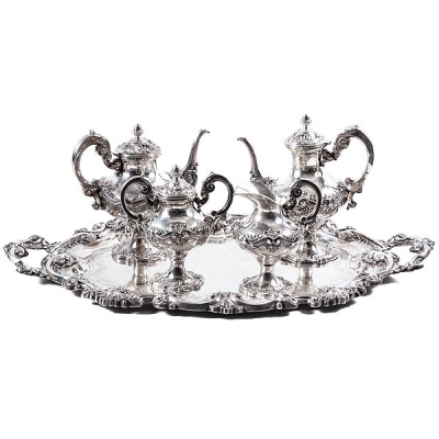 Juego de caf&eacute; y t&eacute; de plata portuguesa