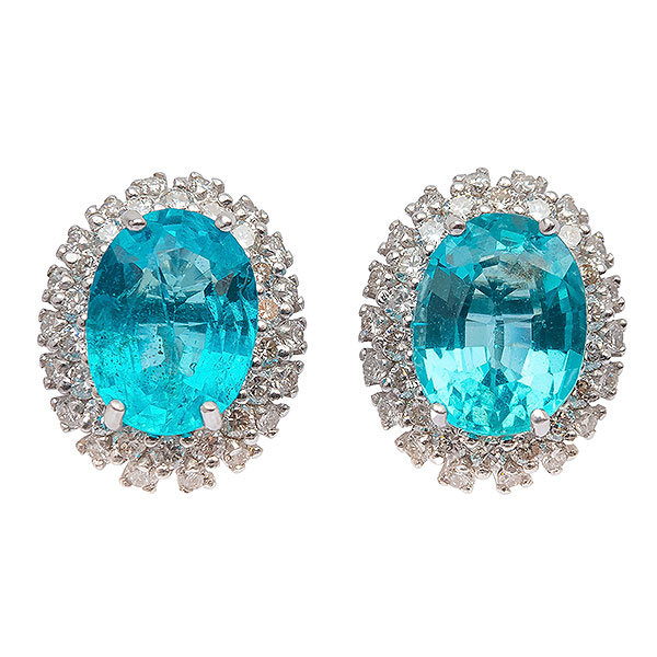 Pendientes en oro blanco con turmalina color Paraiba &quot;Blue Neon&quot; talla oval, 2,70 ct aprox. y doble orla de diamantes 