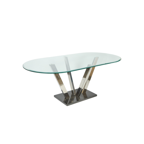 Mesa de comedor con pie en mármol negro, patas en metal cromado y sobre ovalado en cristal biselado.