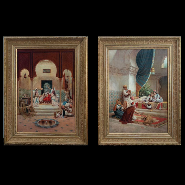 Pareja de Escenas Orientalistas de Harén, José Cala de Moya, escuela sevillana del siglo XIX. 