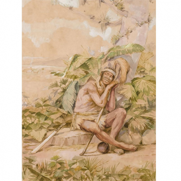 Victor Patricio Landaluze. "Indio dormido". Acuarela sobre papel. Firmada en el ángulo inferior derecho.