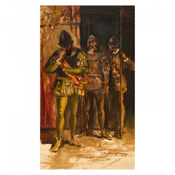 Jos&eacute; Moreno Carbonero (M&aacute;laga, 1860-Madrid, 1942) Soldados. &Oacute;leo sobre tela adherida a tabla.