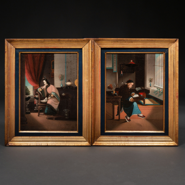 "Escenas de Interior" Pareja de pinturas chinas del siglo XIX