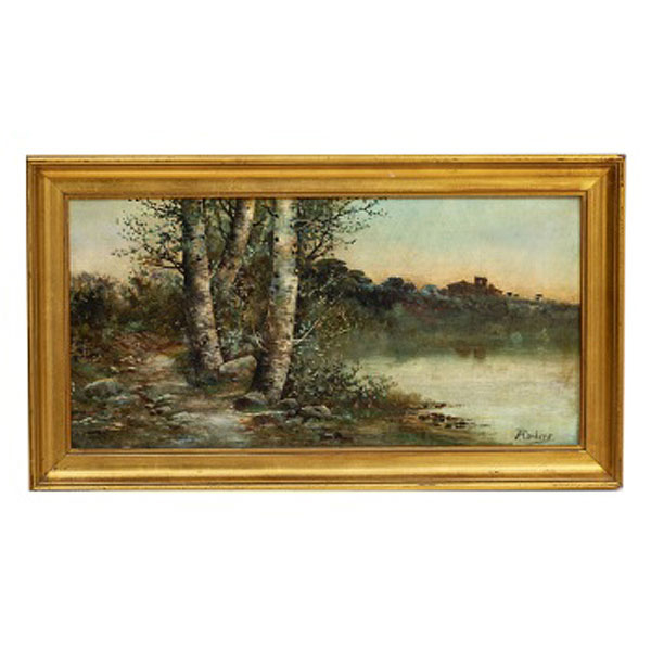 JOSÉ FRANCO CORDERO (Francisco)  (Jerez de la Frontera Cadiz , S. XIX) "Paisaje con rio y campanario "