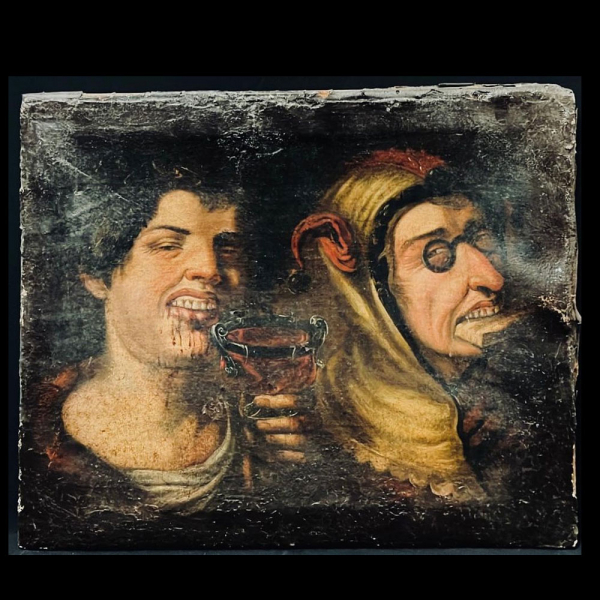 Maestro Italiano Napolitano o Italo Famenco de inicios del siglo XVII - Nerón junto a Arlequín Grotesco.   Escuela manierista italiana del siglo XVI . Óleo sobre lienzo