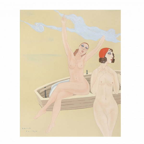 Sacha Zaliouk (1887-1971) "Junge Frau auf dem Boot" Obra ejecutada en gouache sobre papel.