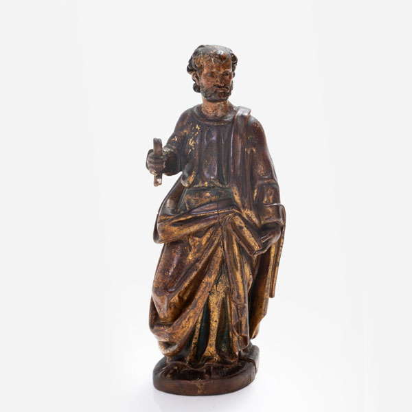 Talla en madera policromada y dorada representando "San Pedro".   &Eacute;poca: S. XVII