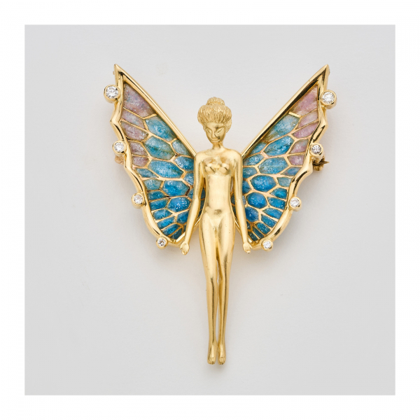 Broche – colgante diseño figura femenina con alas de esmalte pliquè – a – jour y diamantes
