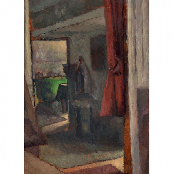 ESCUELA ESPAÑOLA   (Mediados S. XX)  "Interior de salón con escultura"  Óleo / Tabla 