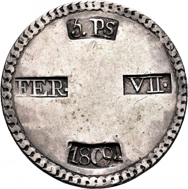 Moneda 1809 Fernando-VII Tarragona 5 Pesetas M.B.C.