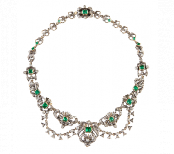 Collar de estilo isabelino de esmeraldas y diamantes con diseño de formas vegetales