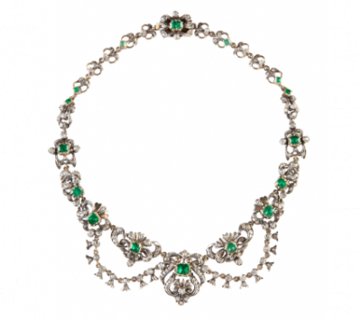 Collar de estilo isabelino de esmeraldas y diamantes con diseño de formas vegetales
