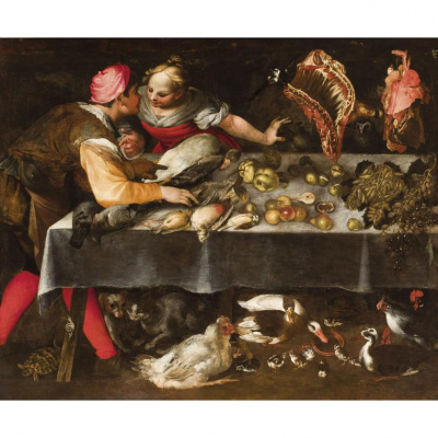 ESCUELA ITALIANA S. XVII &quot;Escena de cocina&quot;. Óleo sobre lienzo.