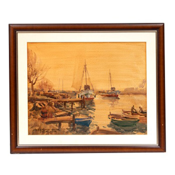 CEFERINO OLIVÉ CABRÉ  (Reus, Tarragona 1907 - 1995) "Barcos y pescadores con redes"