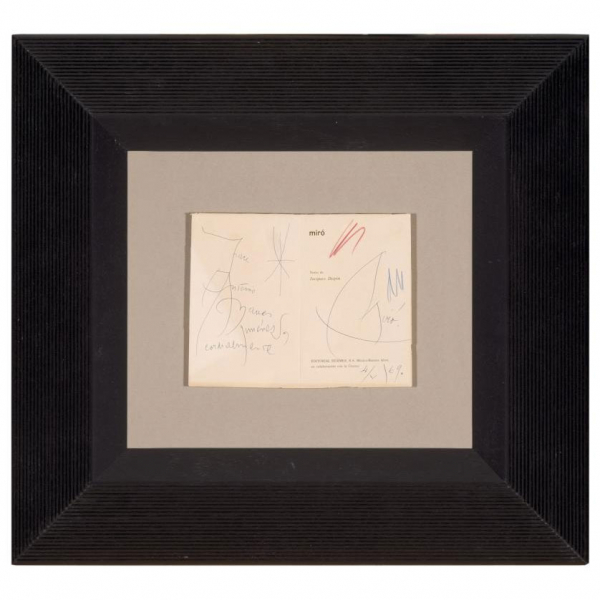 Joan Mir&oacute;. "Sin t&iacute;tulo - mir&oacute; (1969)". Dibujo a tinta y l&aacute;pices de colores sobre cubierta de "mir&oacute;" de Jacques Dupin.