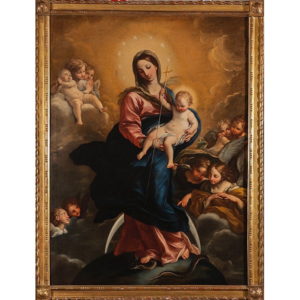 Seguidor de Carlo Maratta, escuela mallorquina S.XVII "Virgen Inmaculada con Niño rodeada de ángeles"