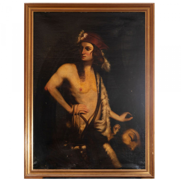 &quot;David con la Cabeza de Goliat&quot; Escuela Italiana del siglo XVIII.    Óleo sobre lienzo