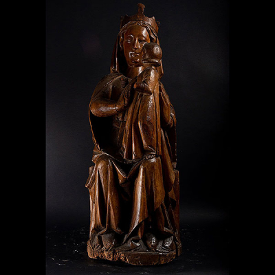 Exquisita Gran Virgen Sedente &quot;Sedes Sapientiae&quot; Gótica Alemana en Roble, siglo XV.