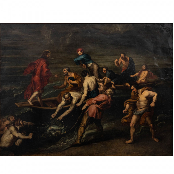 "La pesca milagrosa"  Escuela Flamenca del siglo XVII, Seguidor de Pedro Pablo Rubens.  
