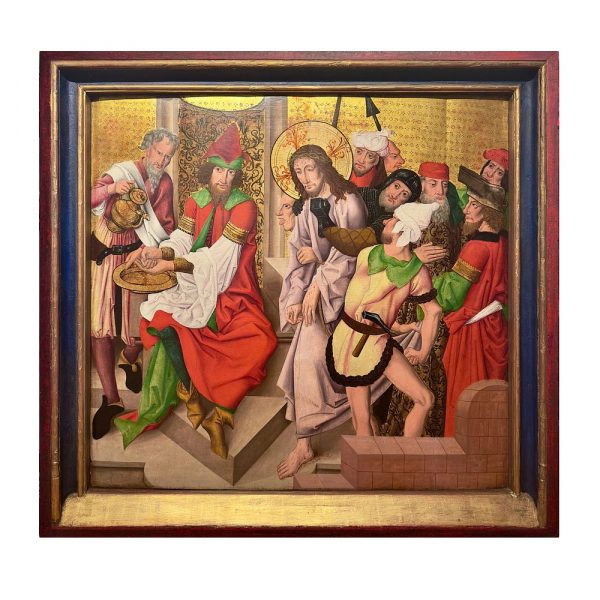 MAESTRO DE GUEBWILLER (Activo en Guebwiller, Mulhouse y Basilea a finales del siglo XV) "Cristo ante Pilato" (h.1470–1480).     Óleo sobre tabla con fondo de oro