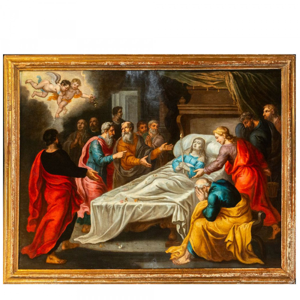 "El tránsito de la Virgen" Maestro flamenco de Amberes, Siglo XVII. Óleo sobre cobre.