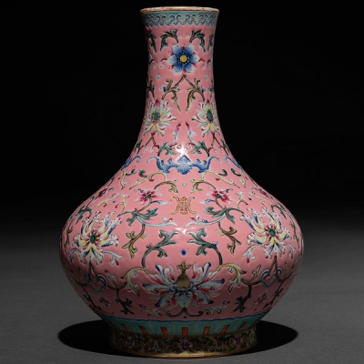 Jarrón en porcelana China familia rosa. Trabajo Chino, Siglo XIX-XX