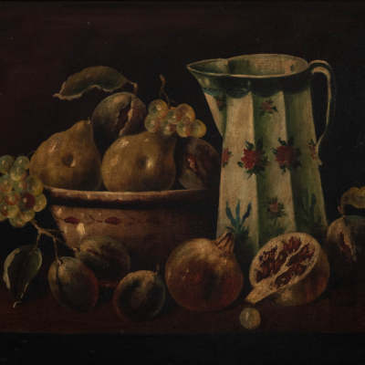 "Bodeg&oacute;n de peras, uvas y jarra de agua"   Escuela Espa&ntilde;ola del siglo XX 