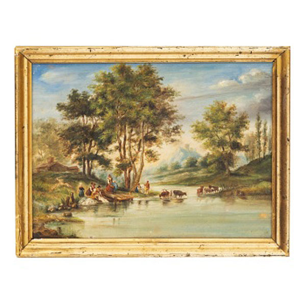 ESCUELA FRANCESA    (S. XVIII- S. XIX) "Lavanderas en el río y animales"