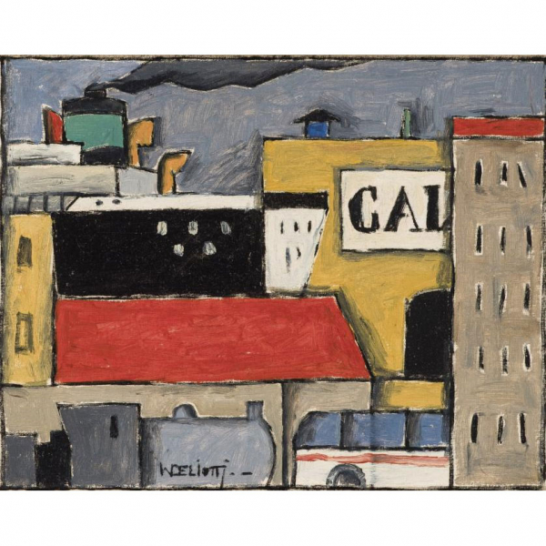 Walter Deliotti (1925) &quot;Puerto&quot;. Óleo sobre tabla. Firmado en el ángulo inferior izquierdo.