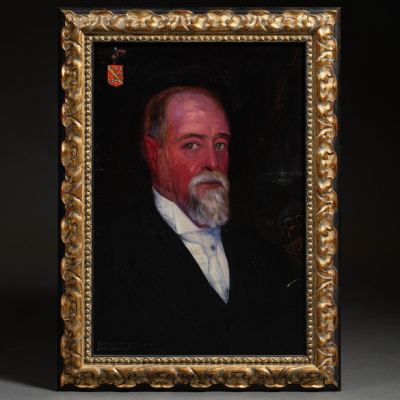 &quot;Retrato de D. Benigno Arrizabalaga con caserío de fondo y escudo e armas&quot; RAMÓN DE ZUBIAURRE (Garay, 1882-Madrid, 1969) 