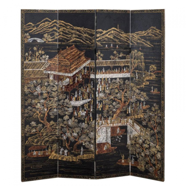 Biombo chino con Palacios y Paisajes S. XIX.   Con cuatro hojas realizado en madera, papier maché y lienzo.