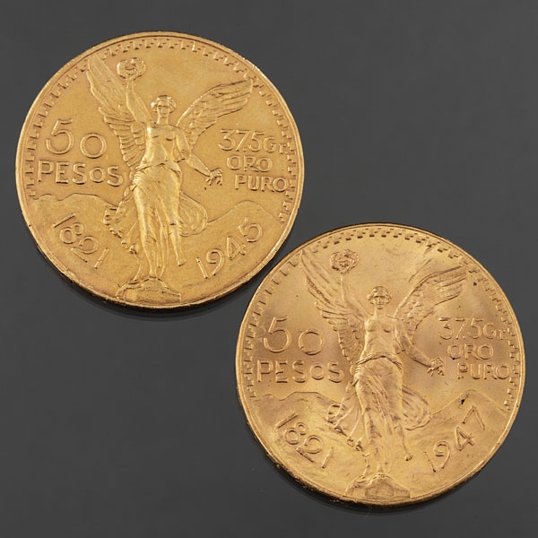 Conjunto de dos monedas de oro amarillo de 22 kt de 50 pesos Mexicanos.
