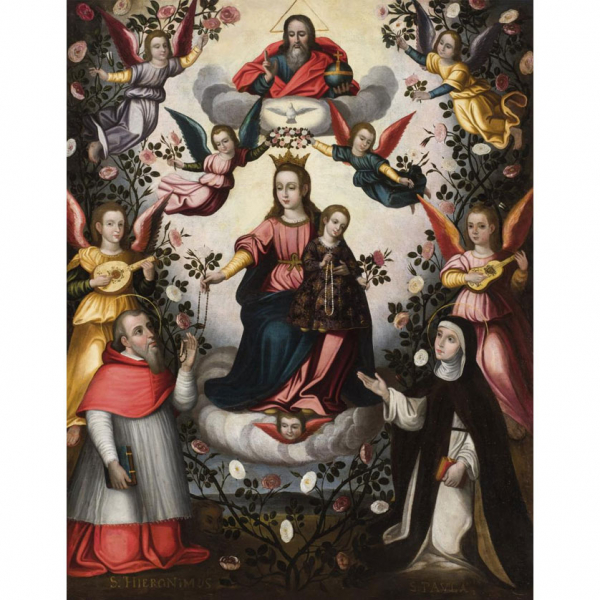 Escuela Virreinal S. XVII.   "San Jer&oacute;nimo y Santa Paula". &Oacute;leo sobre lienzo.