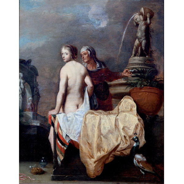 Dirck van der Lisse.  "El baño de Betsabé". Óleo sobre tabla.