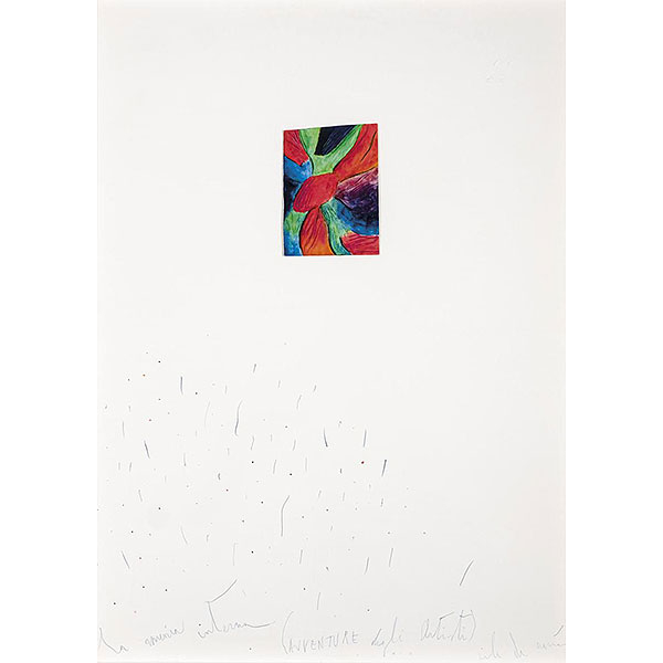 Nicola de Maria.    Avventure degli artisti (1977)". Técnica mixta sobre papel. Firmado y titulado en zona inferior.