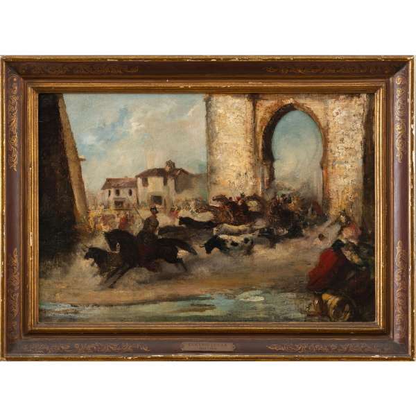 "Garrochistas con toros" A LA MANERA DE EUGENIO LUCAS VILLAMIL, FINALES DEL SIGLO XIX. 