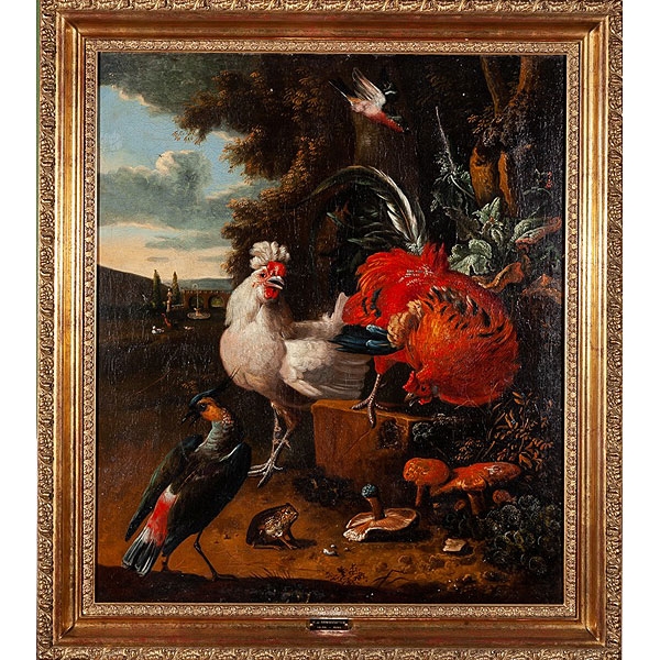 Atribuido a Melchior de Hondecoeter (Utrecht, 1636 - Ámsterdam, 1695) "Gallos y aves en un jardín"
